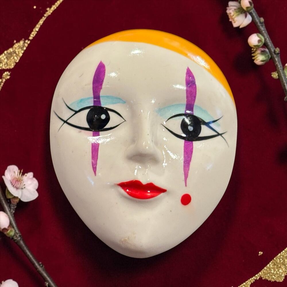 Vintage Pierrot Clown Face Brooch Art Deco Harlequin Mask Statement Pin